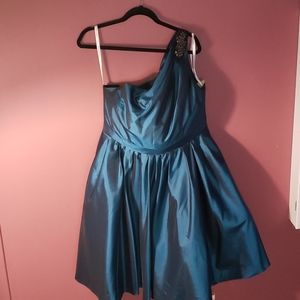 Teal Cocktail One Shoulder Tea Length Dress